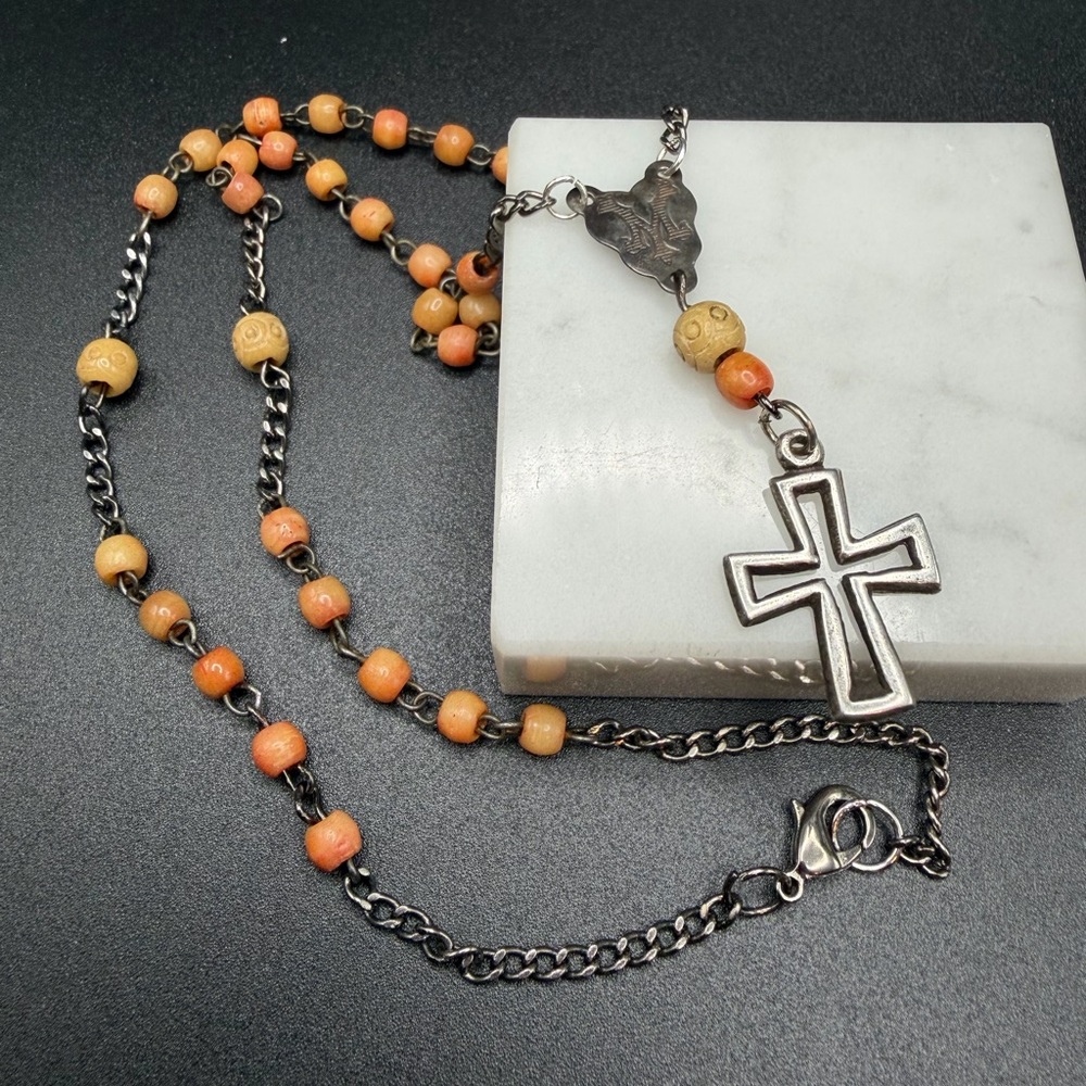 TSG Sterling Silver Cross Necklace Rosary #M48 coral colored beads